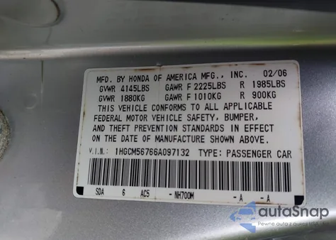 2006 Honda Accord 2.4 Ex из США, поврежденный, VIN 1HGCM56766A097132